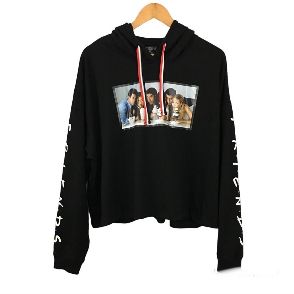 FRIENDS Black Oversized Hooded Cropped Graphic T-shirt Sweatshirt Size XXL